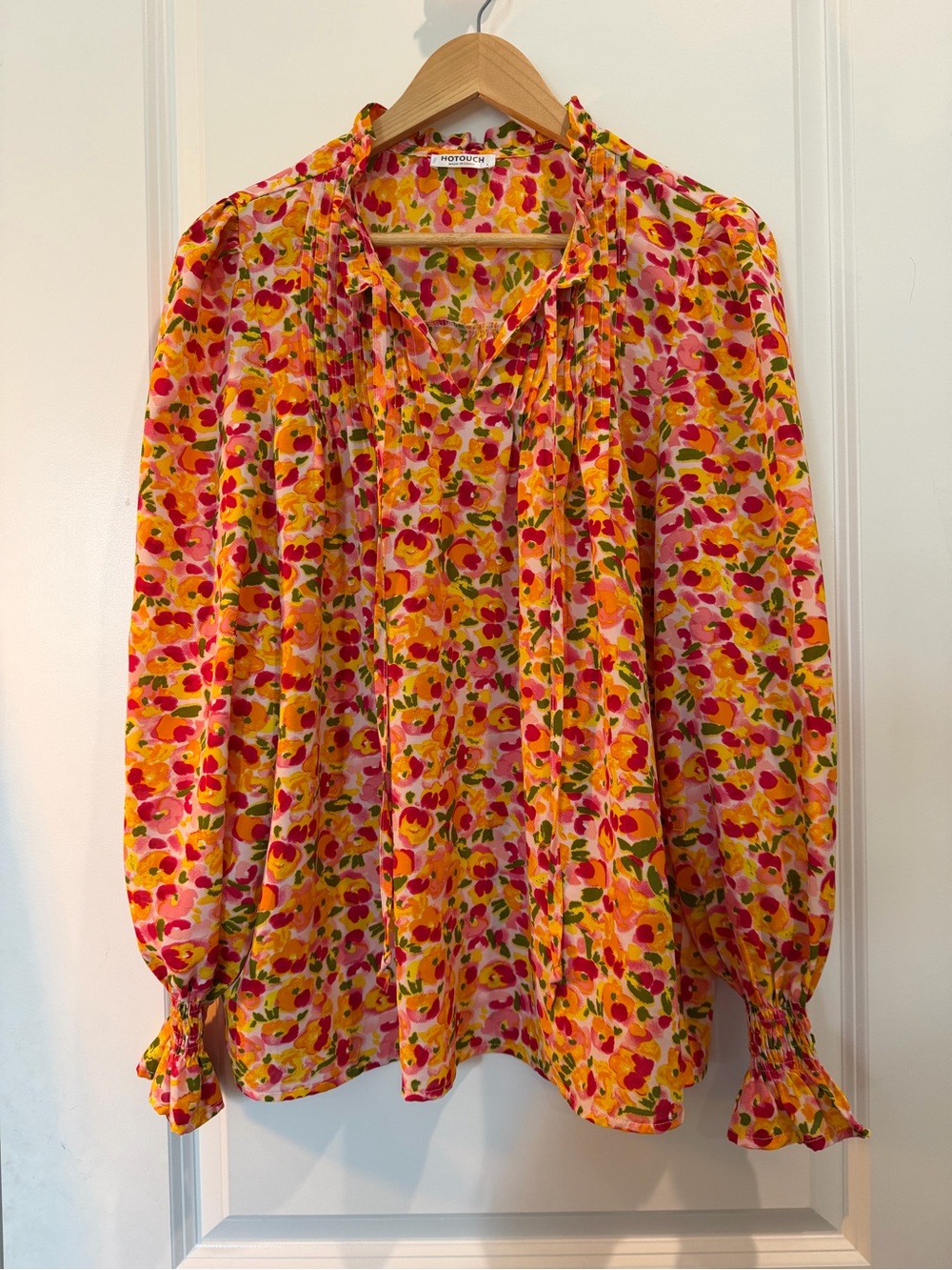 Hotouch Floral Tie Neck Blouse Women’s Large Pink Orange Long Sleeve Cottagecore